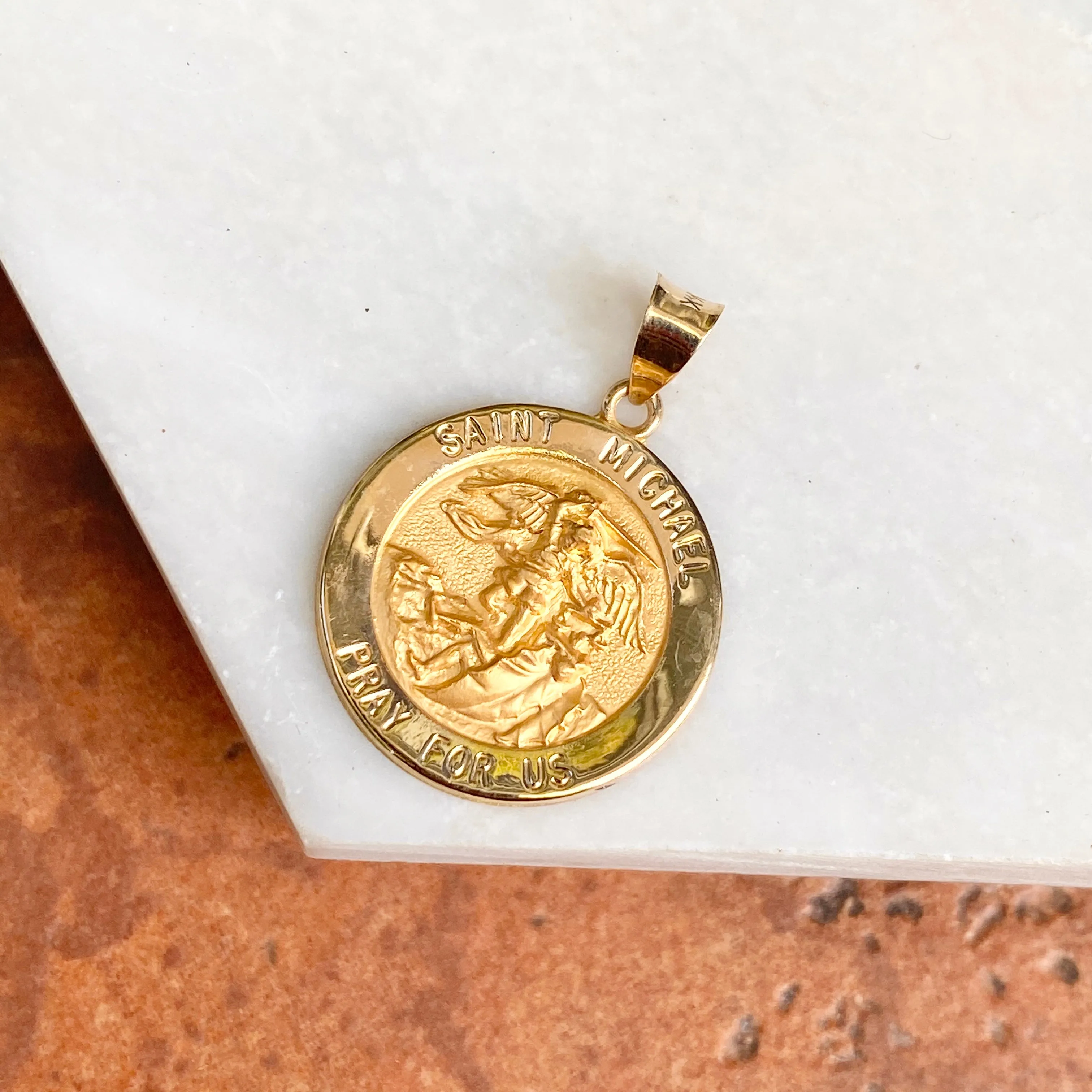 14KT Yellow Gold Saint Michael Round Hollow Medal Pendant