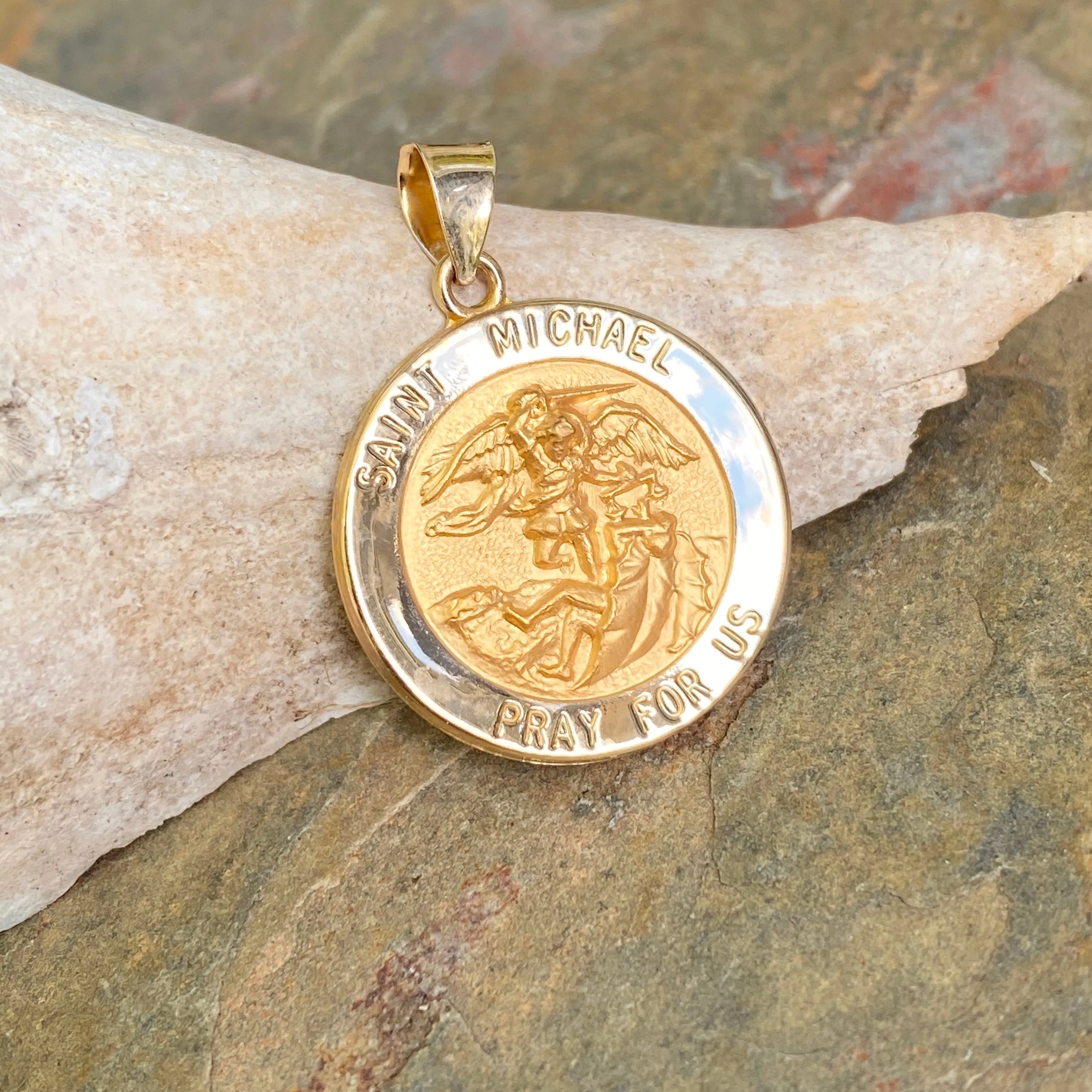 14KT Yellow Gold Saint Michael Round Hollow Medal Pendant