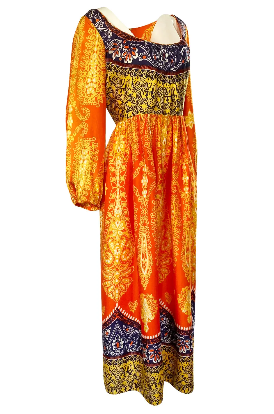 1960s Lucie Ann Silky Rayon Bright Orange Scarf Print Caftan Hostess Dress