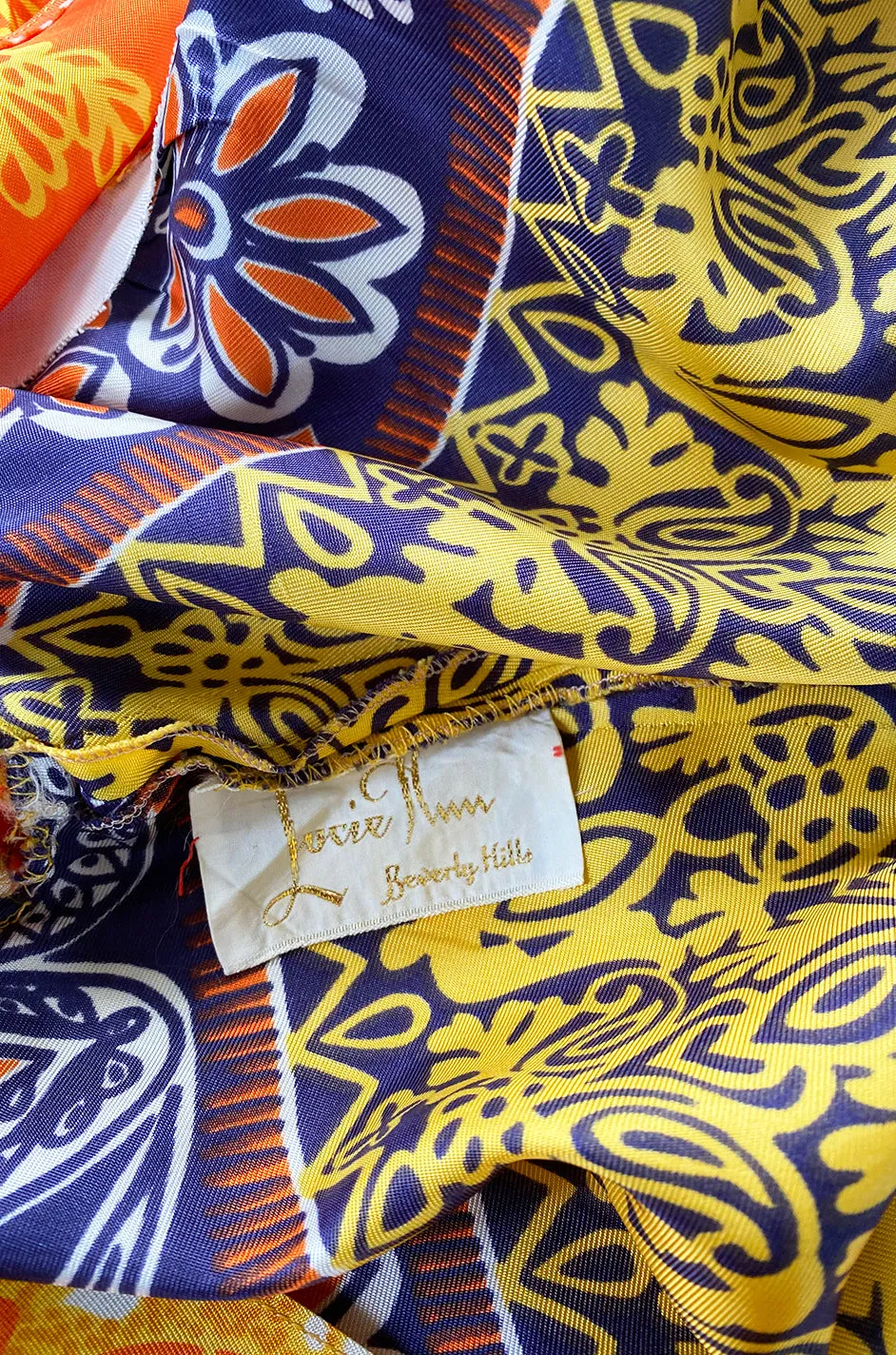 1960s Lucie Ann Silky Rayon Bright Orange Scarf Print Caftan Hostess Dress