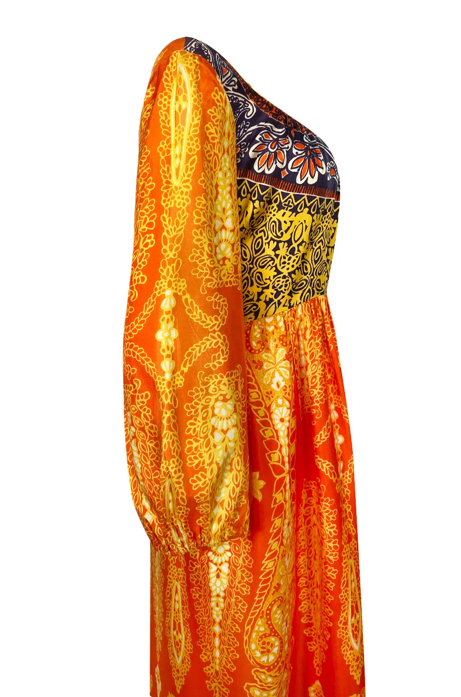 1960s Lucie Ann Silky Rayon Bright Orange Scarf Print Caftan Hostess Dress