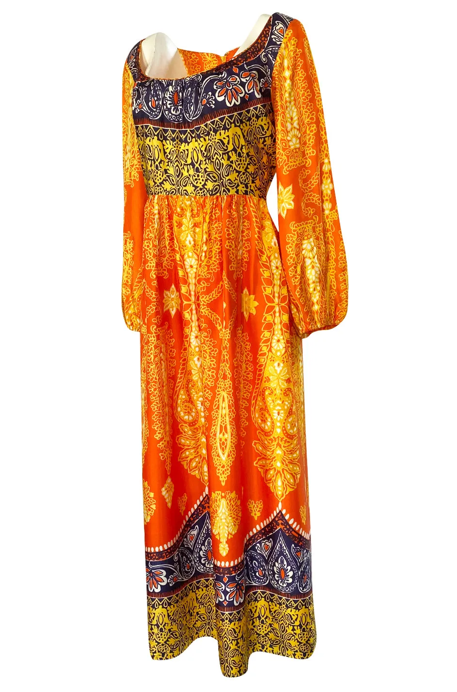 1960s Lucie Ann Silky Rayon Bright Orange Scarf Print Caftan Hostess Dress