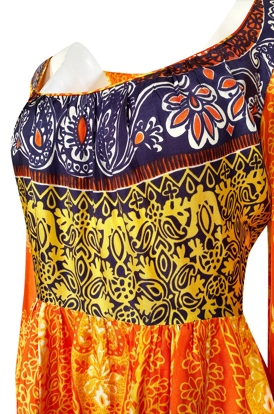 1960s Lucie Ann Silky Rayon Bright Orange Scarf Print Caftan Hostess Dress