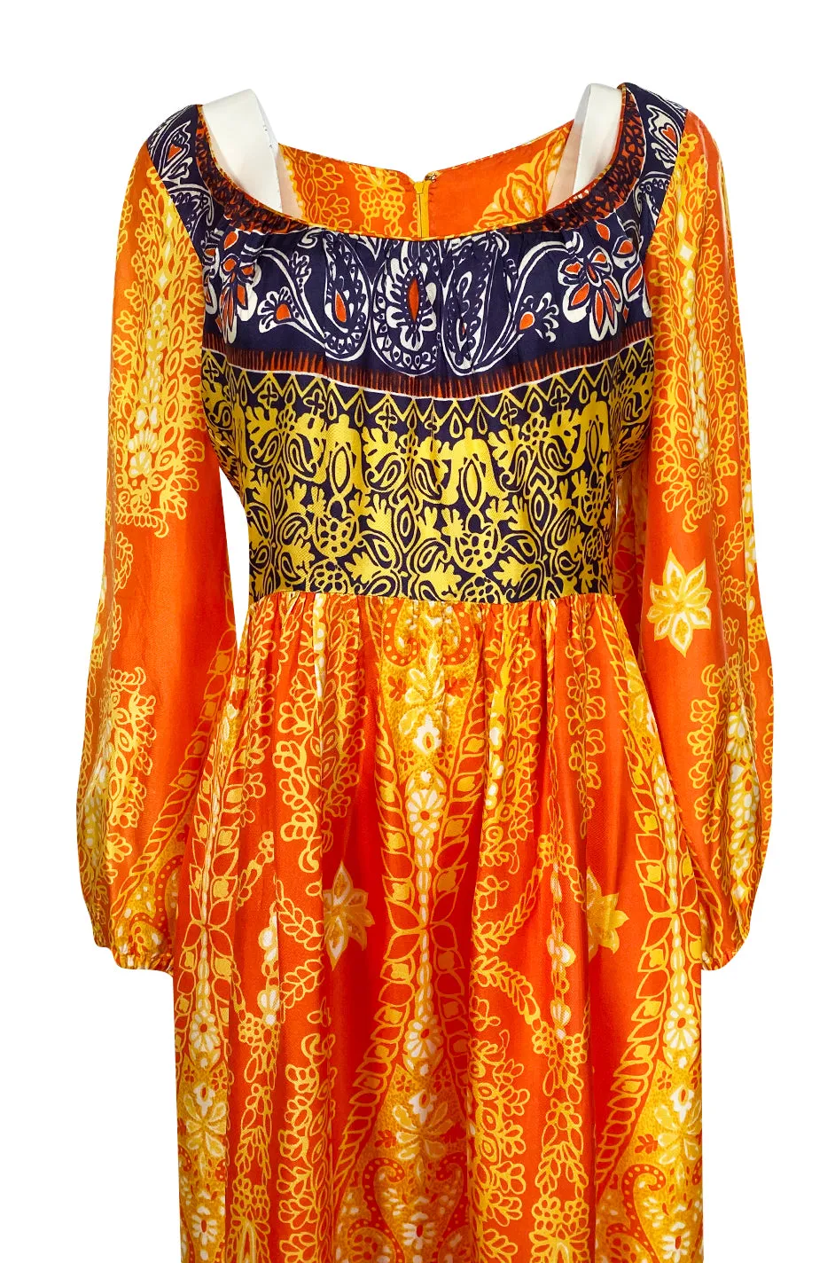 1960s Lucie Ann Silky Rayon Bright Orange Scarf Print Caftan Hostess Dress