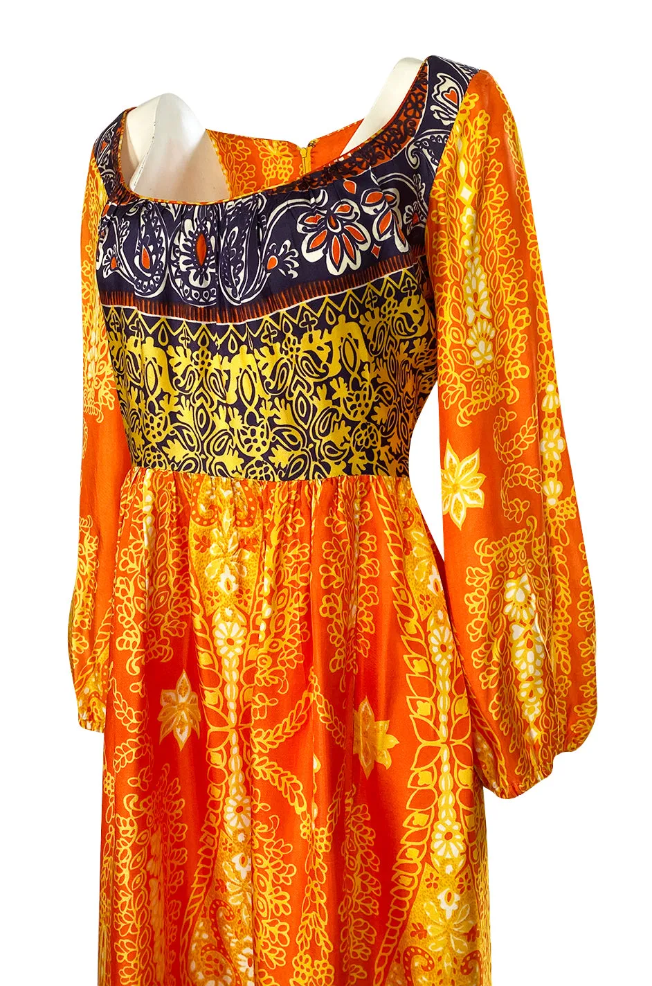 1960s Lucie Ann Silky Rayon Bright Orange Scarf Print Caftan Hostess Dress