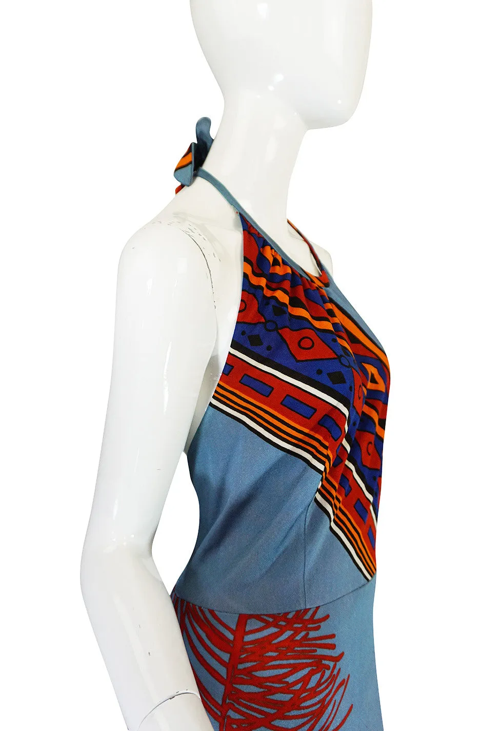 1970s Coral Printed Blue Jersey Halter Maxi Dress