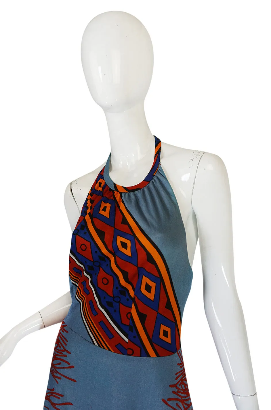 1970s Coral Printed Blue Jersey Halter Maxi Dress