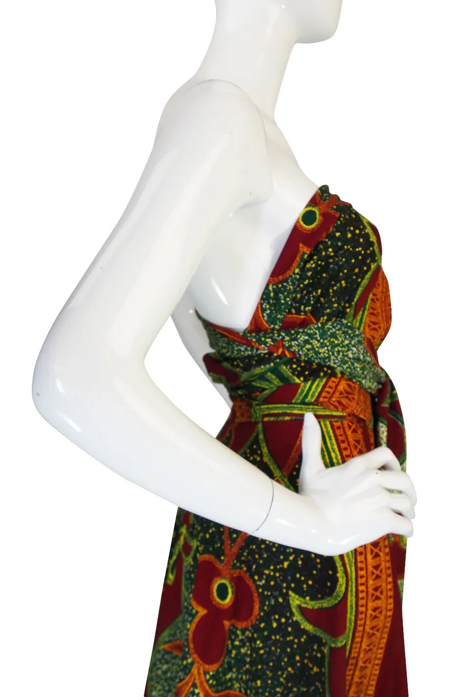 1970s Multi Tie Bohemian Cotton Batik Print Maxi Dress