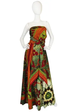 1970s Multi Tie Bohemian Cotton Batik Print Maxi Dress