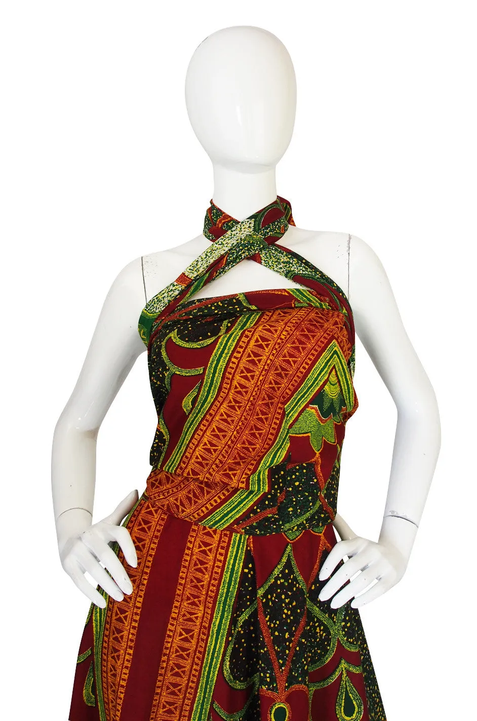 1970s Multi Tie Bohemian Cotton Batik Print Maxi Dress