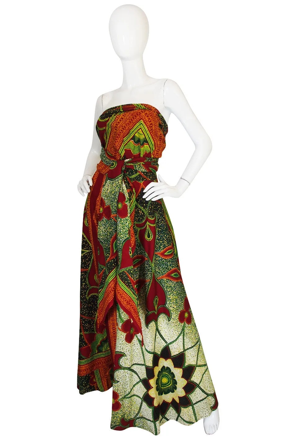 1970s Multi Tie Bohemian Cotton Batik Print Maxi Dress