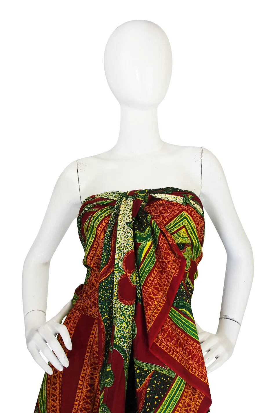 1970s Multi Tie Bohemian Cotton Batik Print Maxi Dress