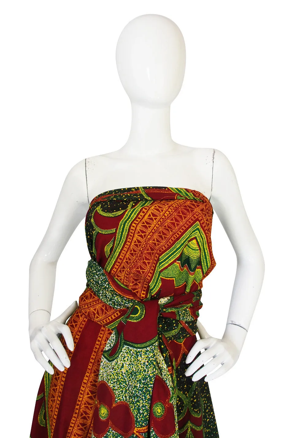 1970s Multi Tie Bohemian Cotton Batik Print Maxi Dress