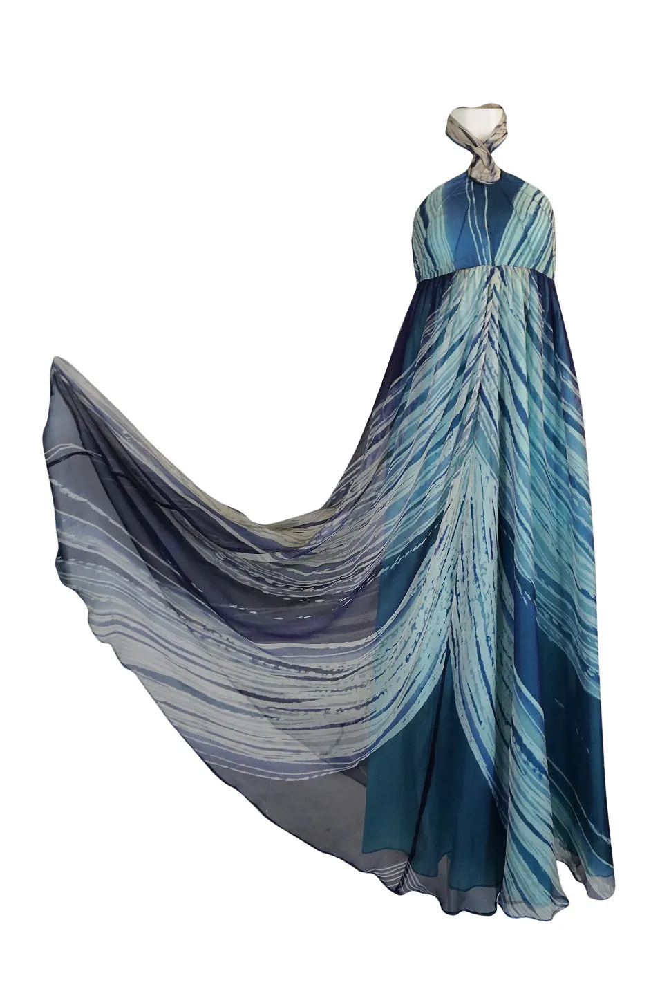 1974 Thea Porter Couture Documented 'Wave' Print Silk Chiffon Backless Dress