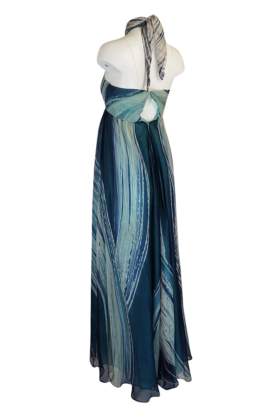1974 Thea Porter Couture Documented 'Wave' Print Silk Chiffon Backless Dress