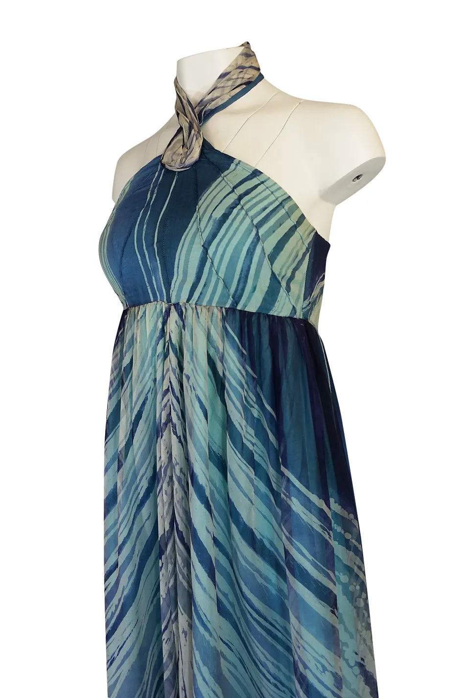 1974 Thea Porter Couture Documented 'Wave' Print Silk Chiffon Backless Dress