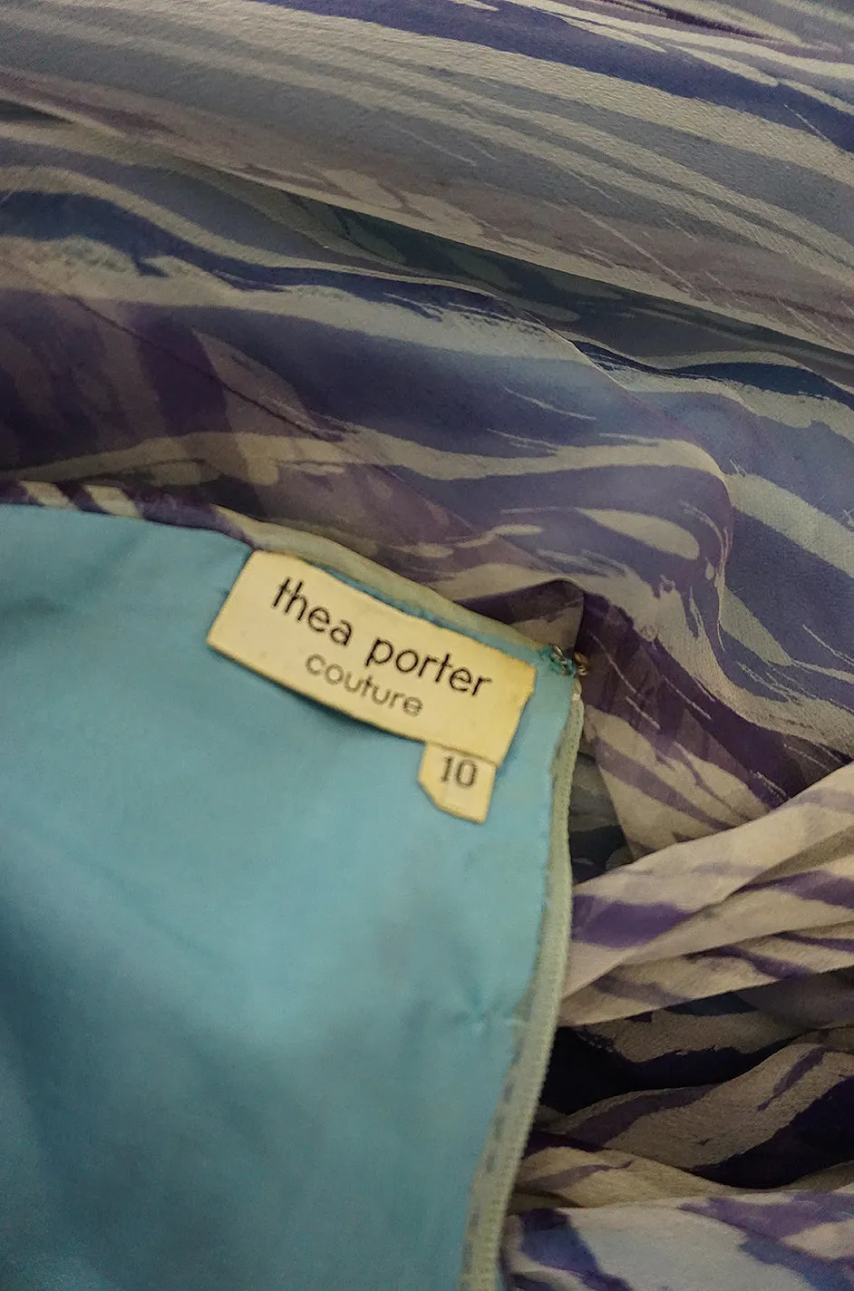 1974 Thea Porter Couture Documented 'Wave' Print Silk Chiffon Backless Dress
