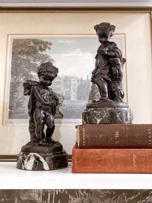 19th Century Pair of Bronze Neoclassical Child Figures on Marble After Etienne Falconnet