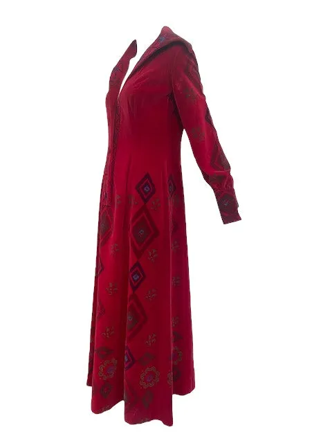 60s Magical  Red Velvet Stenciled Maxi Dress