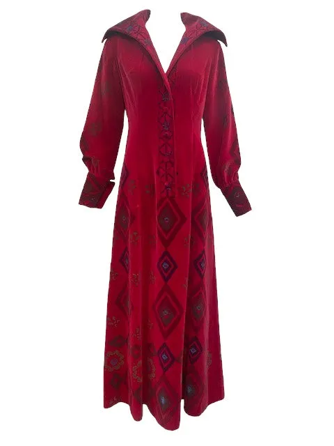 60s Magical  Red Velvet Stenciled Maxi Dress