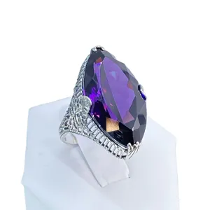 Amethyst Ring, CZ Marquise Gem, Victorian Palisade Filigree Jewelry #D39