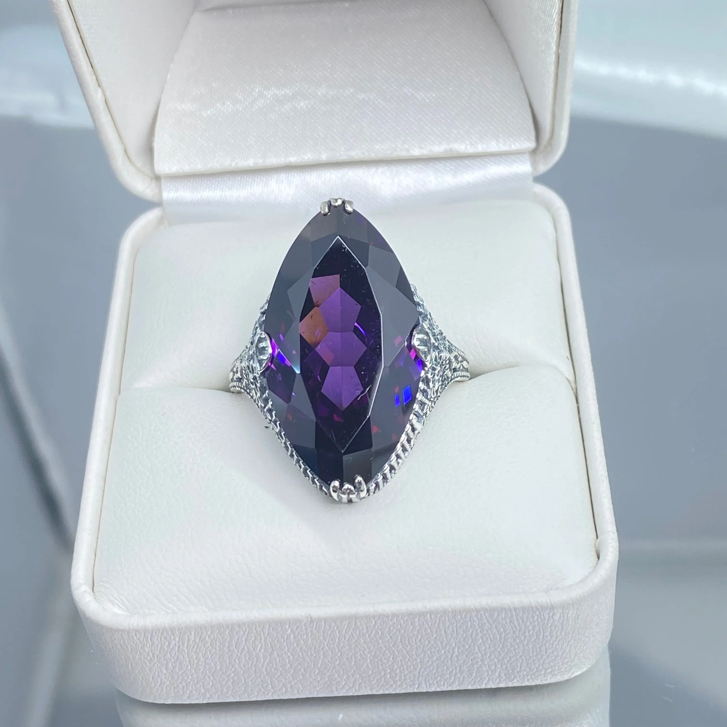 Amethyst Ring, CZ Marquise Gem, Victorian Palisade Filigree Jewelry #D39