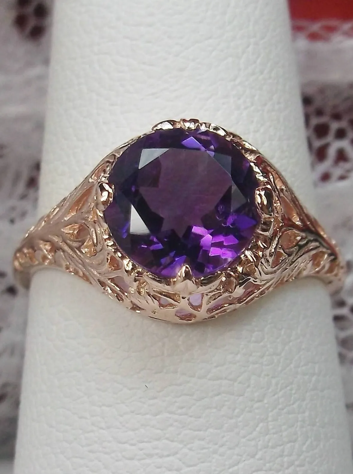 Amethyst Ring, Natural Gemstone, Rose Gold, Victorian Jewelry #D198