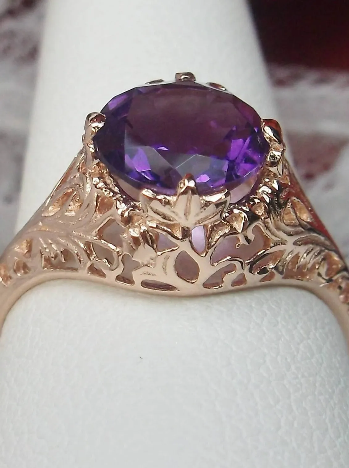 Amethyst Ring, Natural Gemstone, Rose Gold, Victorian Jewelry #D198