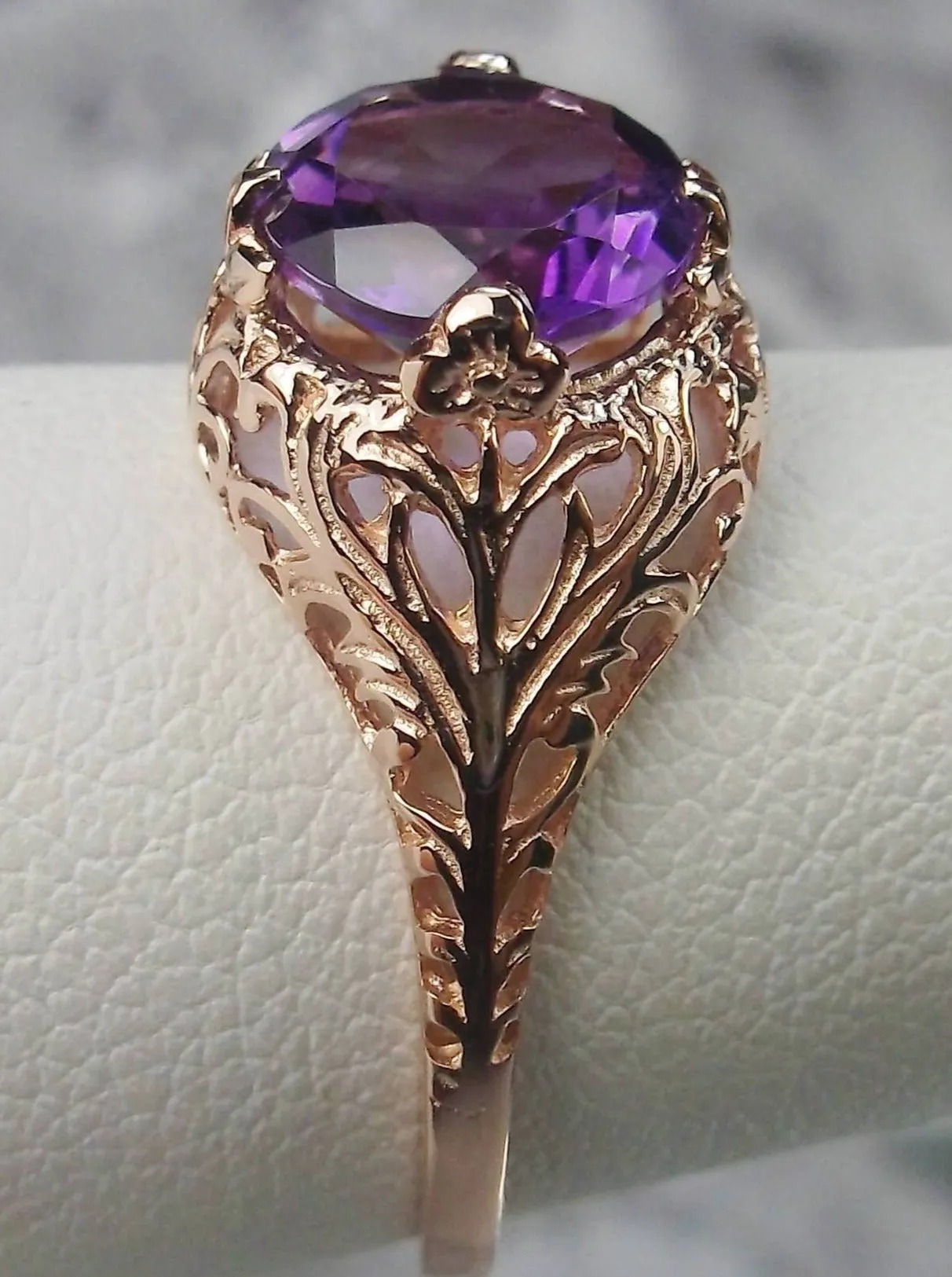 Amethyst Ring, Natural Gemstone, Rose Gold, Victorian Jewelry #D198