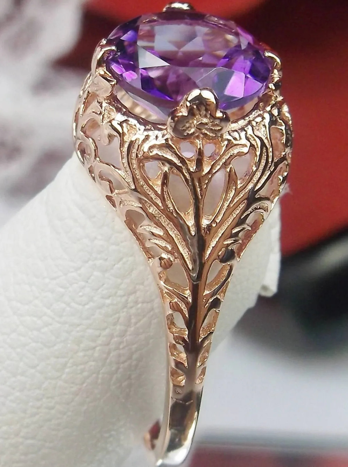 Amethyst Ring, Natural Gemstone, Rose Gold, Victorian Jewelry #D198