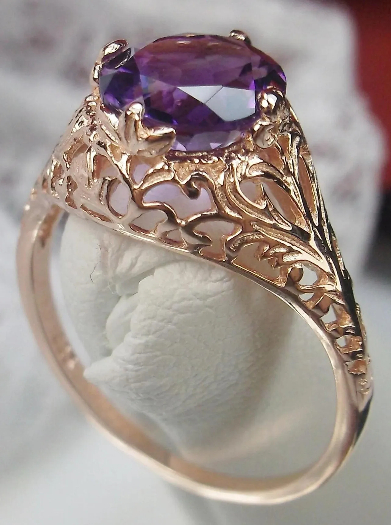 Amethyst Ring, Natural Gemstone, Rose Gold, Victorian Jewelry #D198