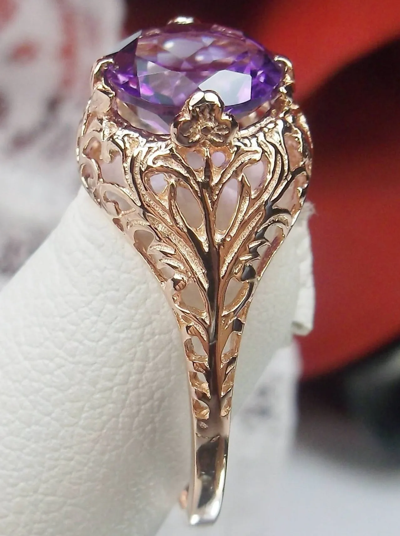 Amethyst Ring, Natural Gemstone, Rose Gold, Victorian Jewelry #D198