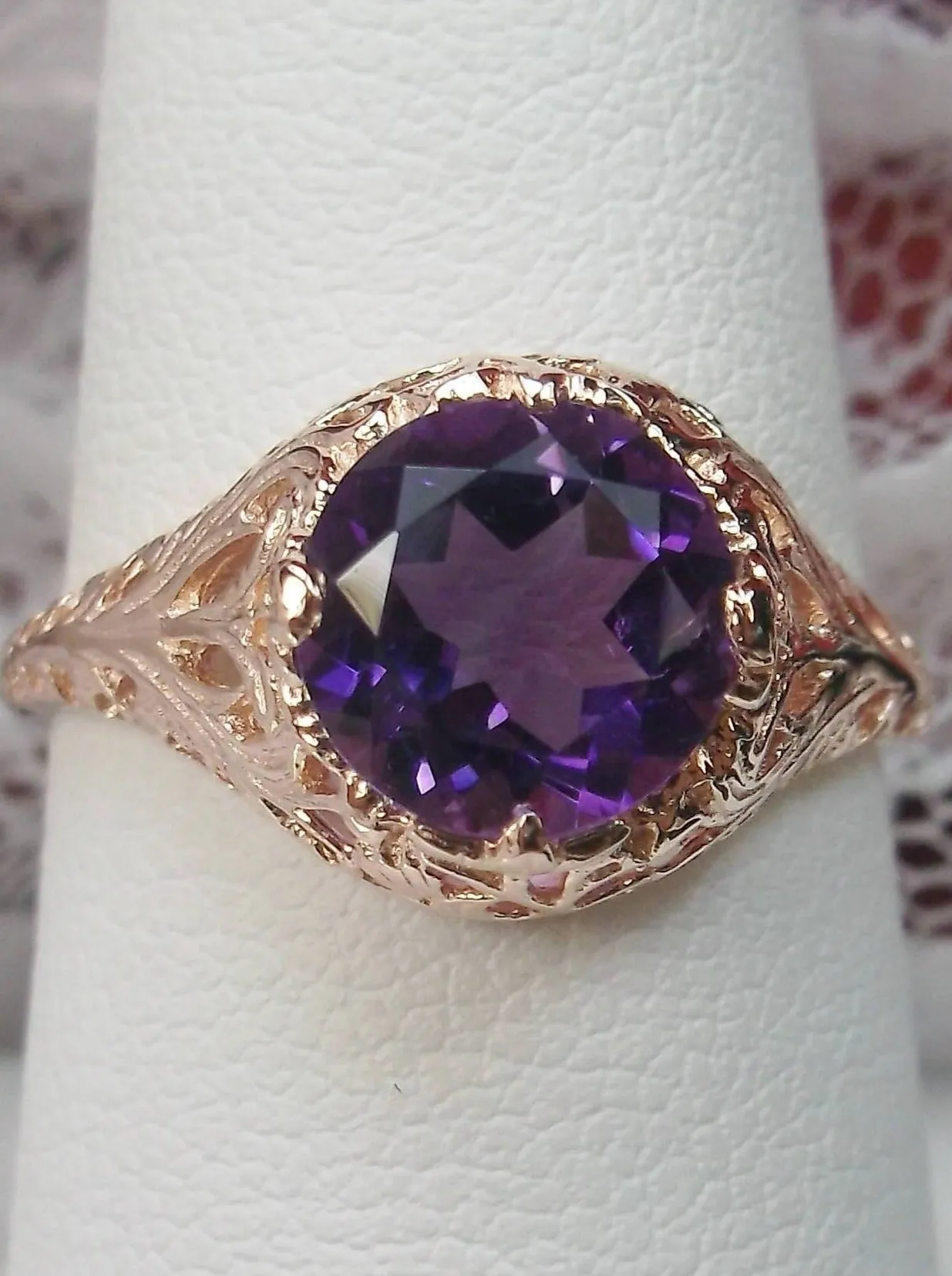 Amethyst Ring, Natural Gemstone, Rose Gold, Victorian Jewelry #D198
