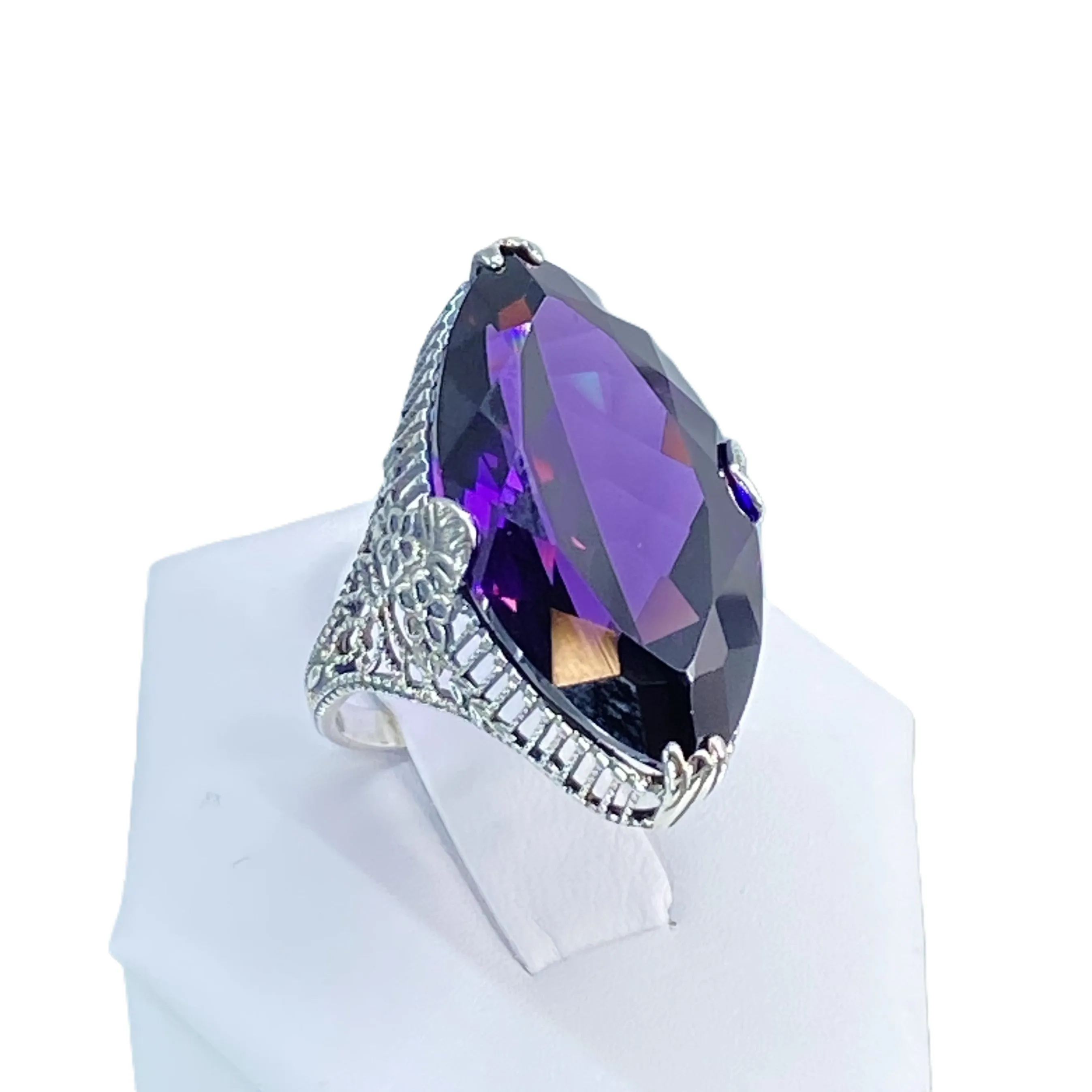 Amethyst Ring, Size 7, CZ Marquise Gem, Victorian Palisade Filigree Jewelry #D39 - Ready to Ship