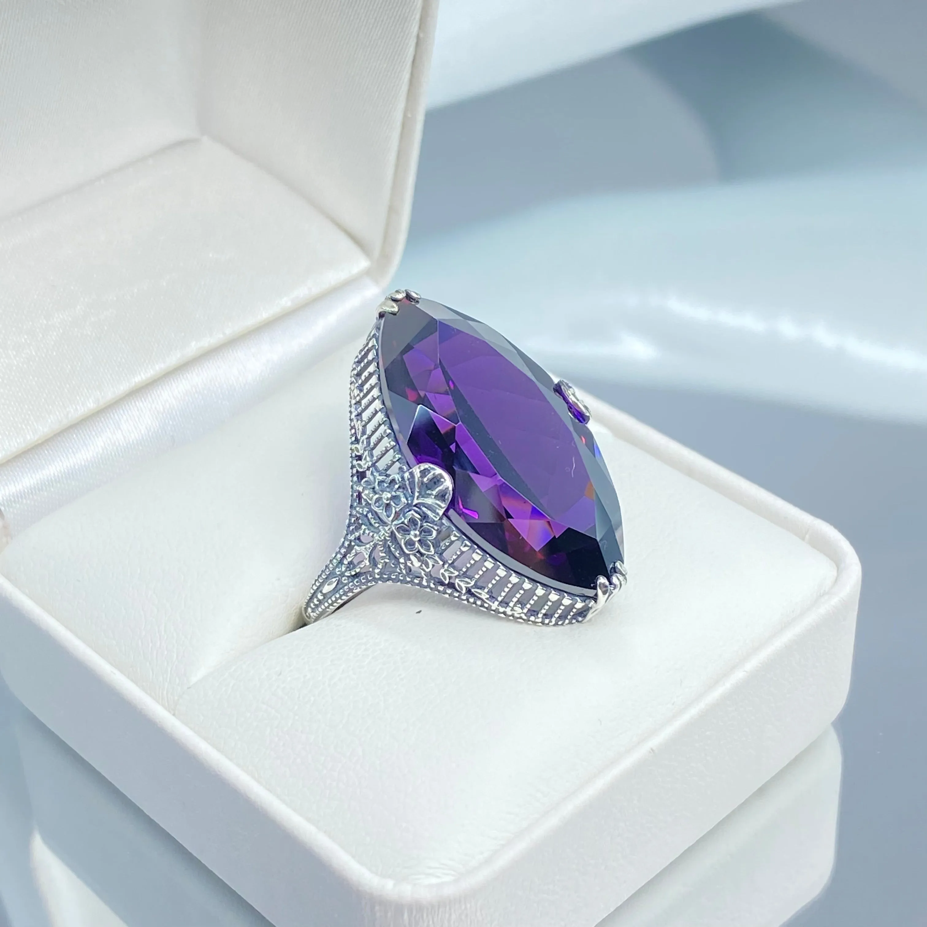 Amethyst Ring, Size 7, CZ Marquise Gem, Victorian Palisade Filigree Jewelry #D39 - Ready to Ship