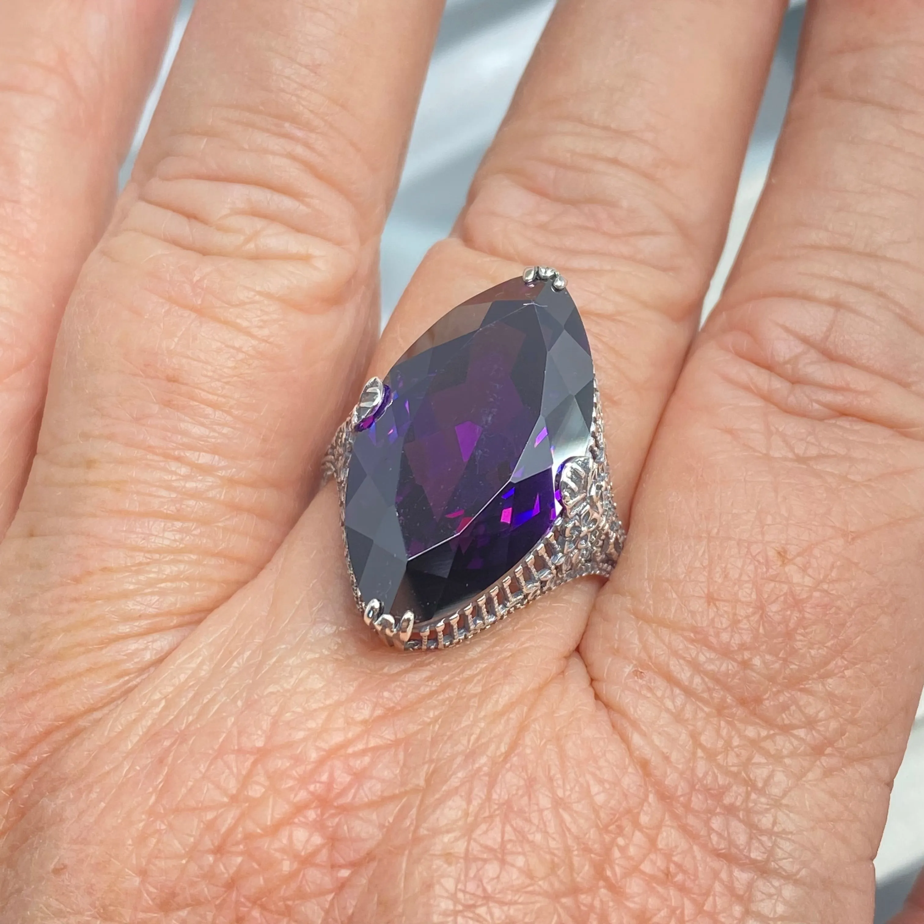 Amethyst Ring, Size 7, CZ Marquise Gem, Victorian Palisade Filigree Jewelry #D39 - Ready to Ship