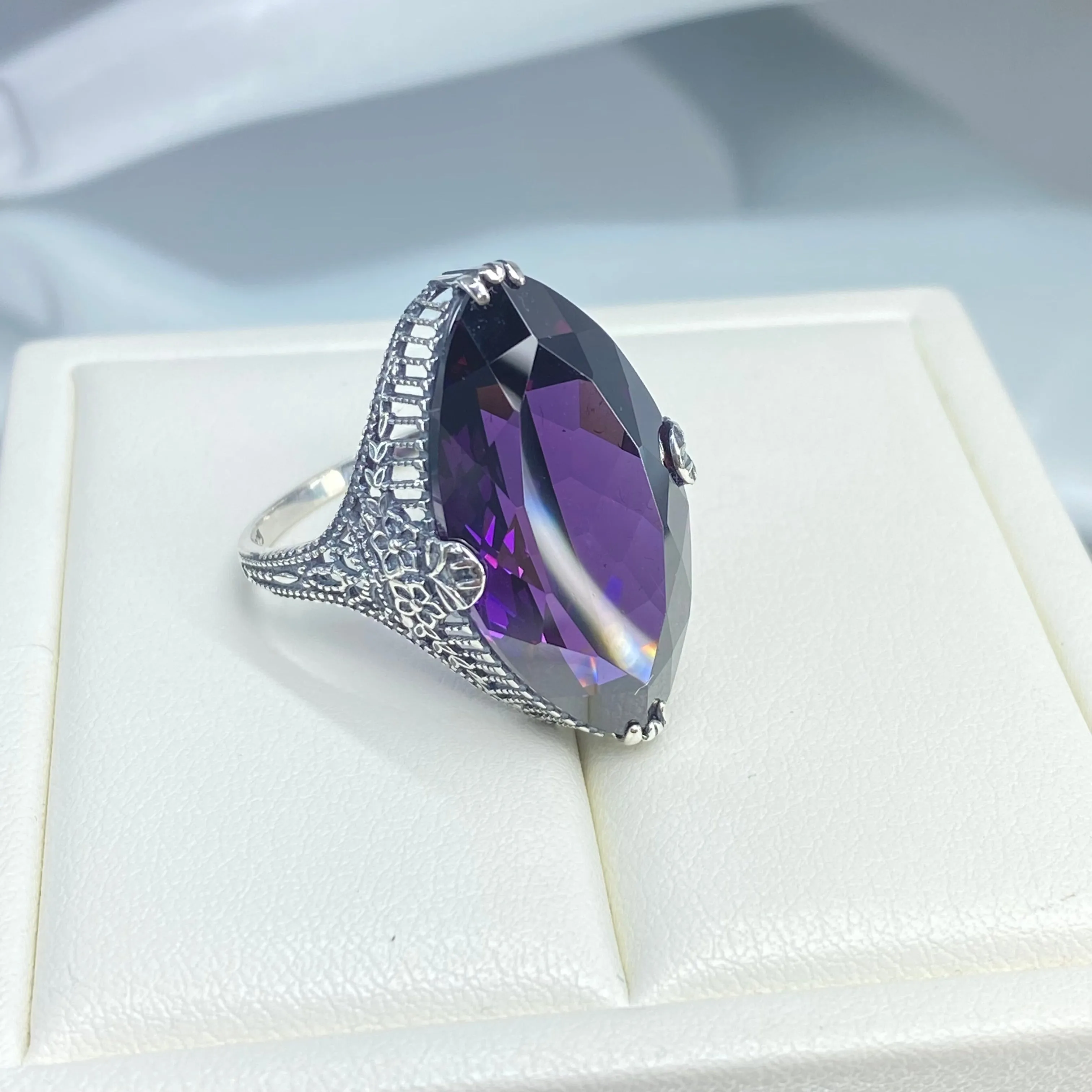 Amethyst Ring, Size 7, CZ Marquise Gem, Victorian Palisade Filigree Jewelry #D39 - Ready to Ship