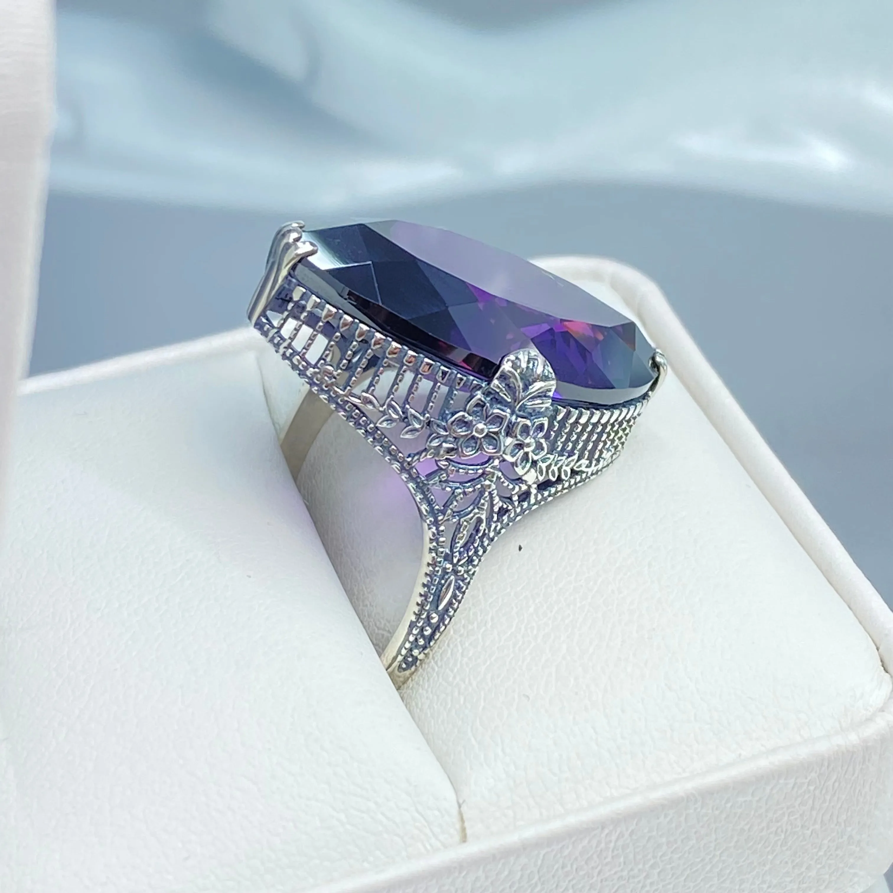 Amethyst Ring, Size 7, CZ Marquise Gem, Victorian Palisade Filigree Jewelry #D39 - Ready to Ship