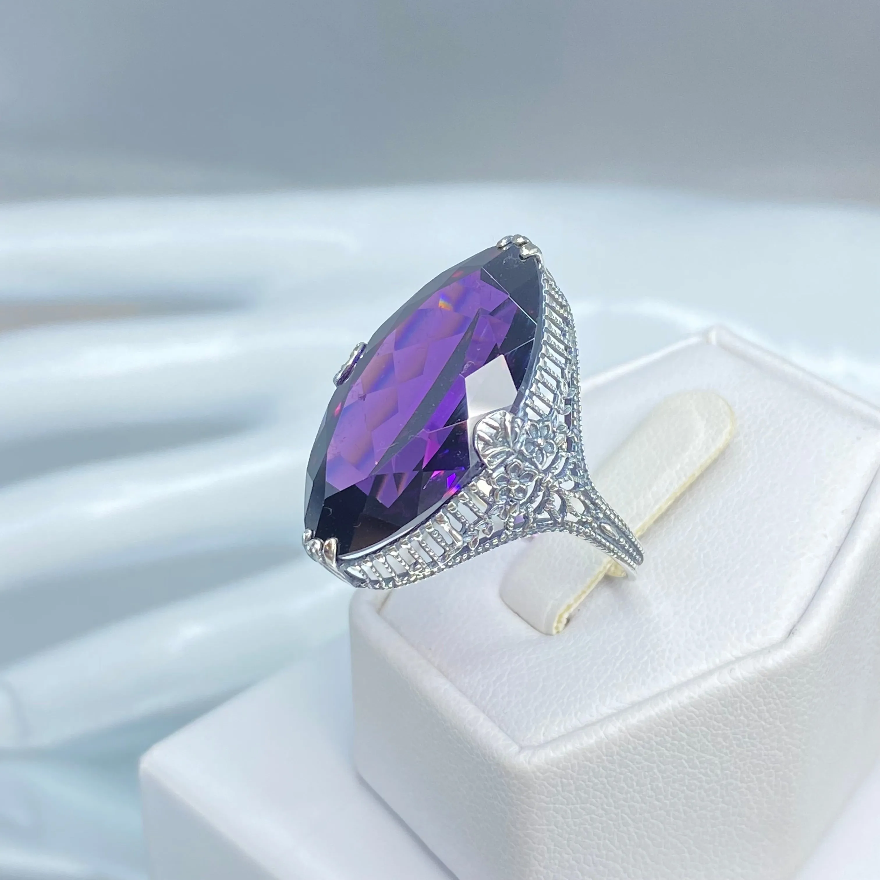 Amethyst Ring, Size 7, CZ Marquise Gem, Victorian Palisade Filigree Jewelry #D39 - Ready to Ship