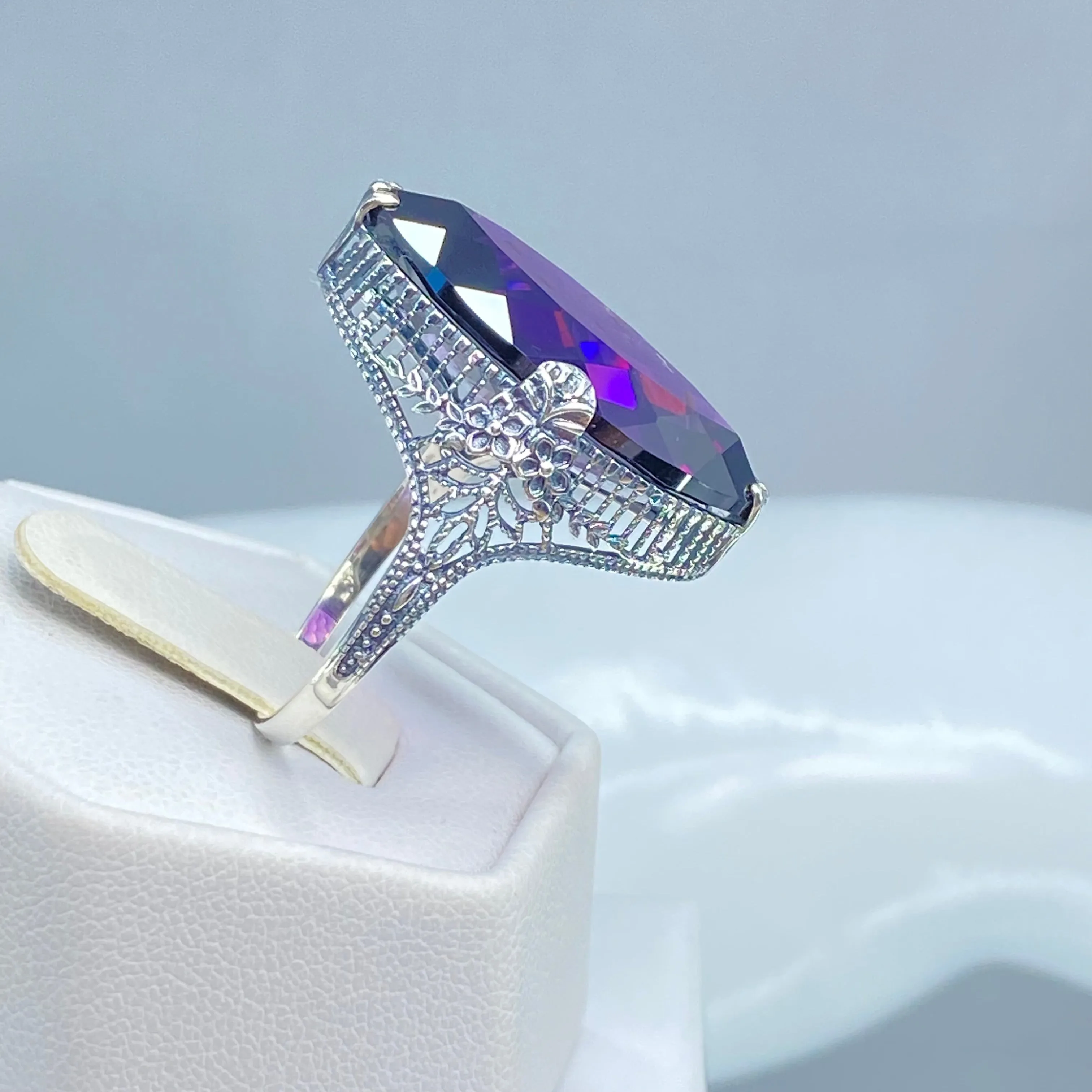 Amethyst Ring, Size 7, CZ Marquise Gem, Victorian Palisade Filigree Jewelry #D39 - Ready to Ship