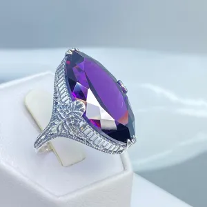 Amethyst Ring, Size 7, CZ Marquise Gem, Victorian Palisade Filigree Jewelry #D39 - Ready to Ship