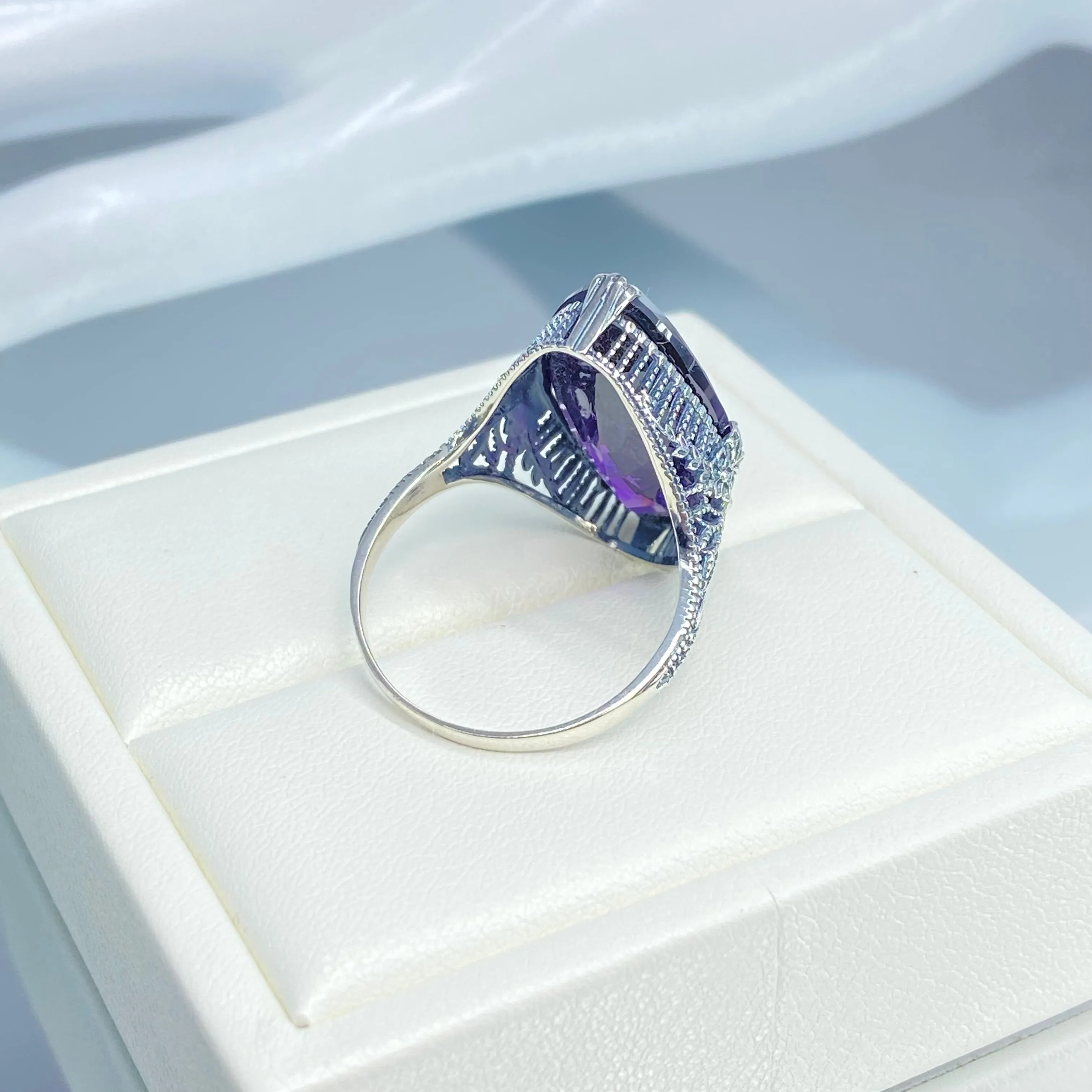 Amethyst Ring, Size 7, CZ Marquise Gem, Victorian Palisade Filigree Jewelry #D39 - Ready to Ship