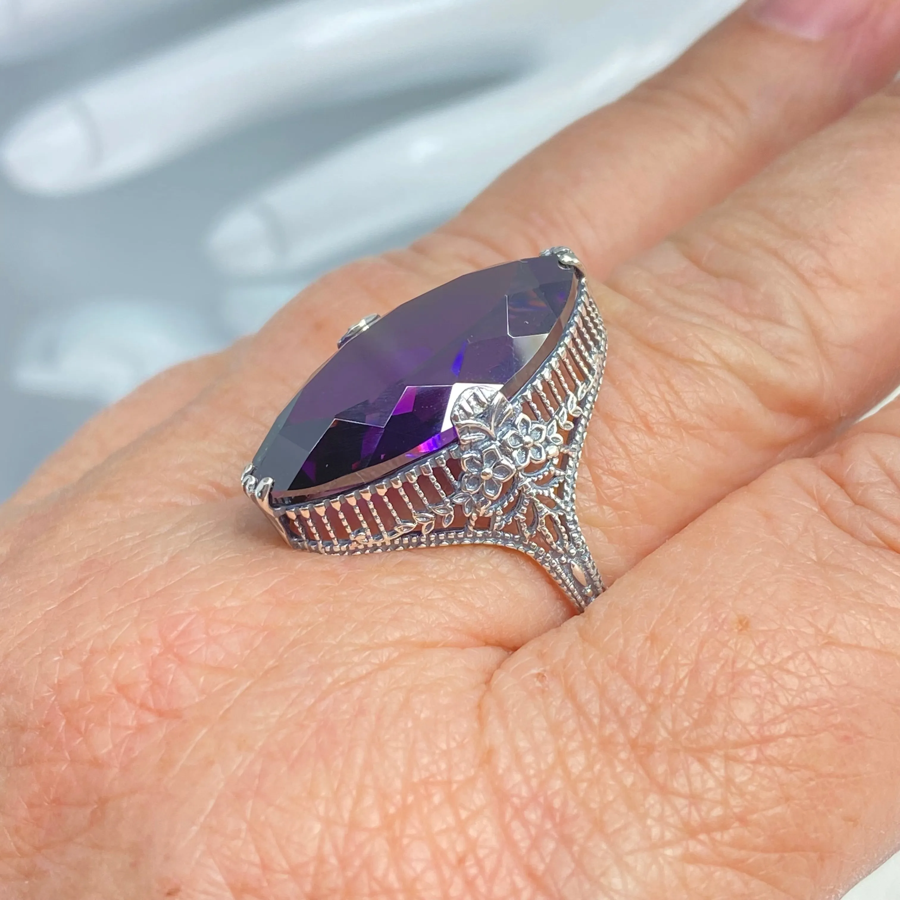 Amethyst Ring, Size 7, CZ Marquise Gem, Victorian Palisade Filigree Jewelry #D39 - Ready to Ship