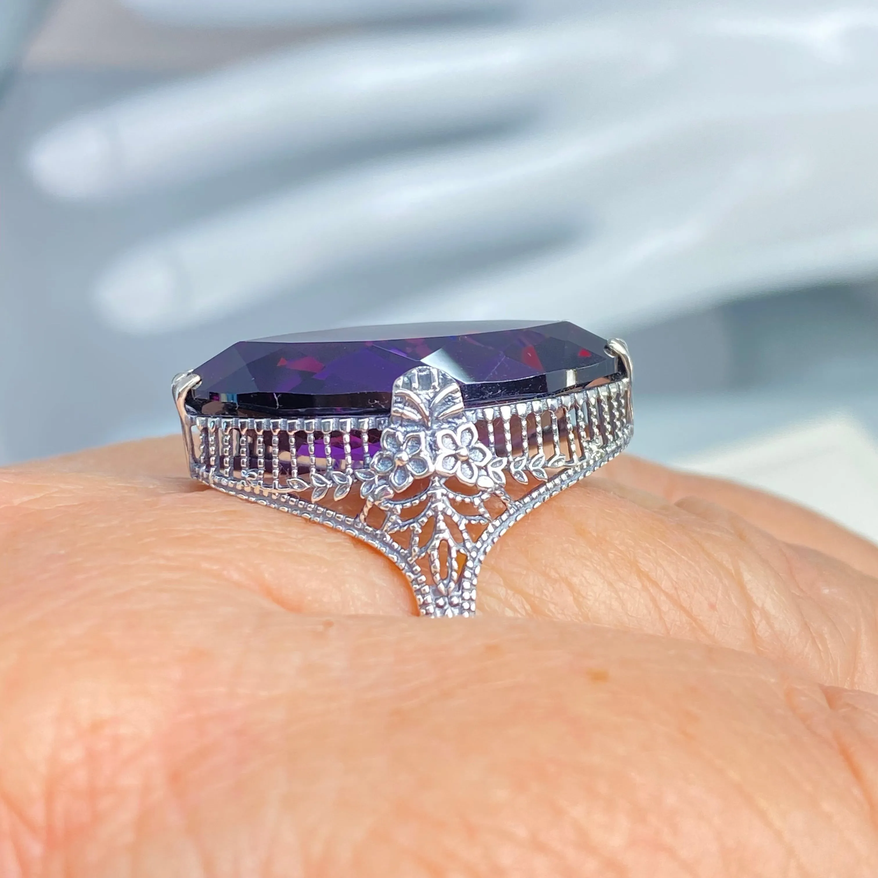 Amethyst Ring, Size 7, CZ Marquise Gem, Victorian Palisade Filigree Jewelry #D39 - Ready to Ship