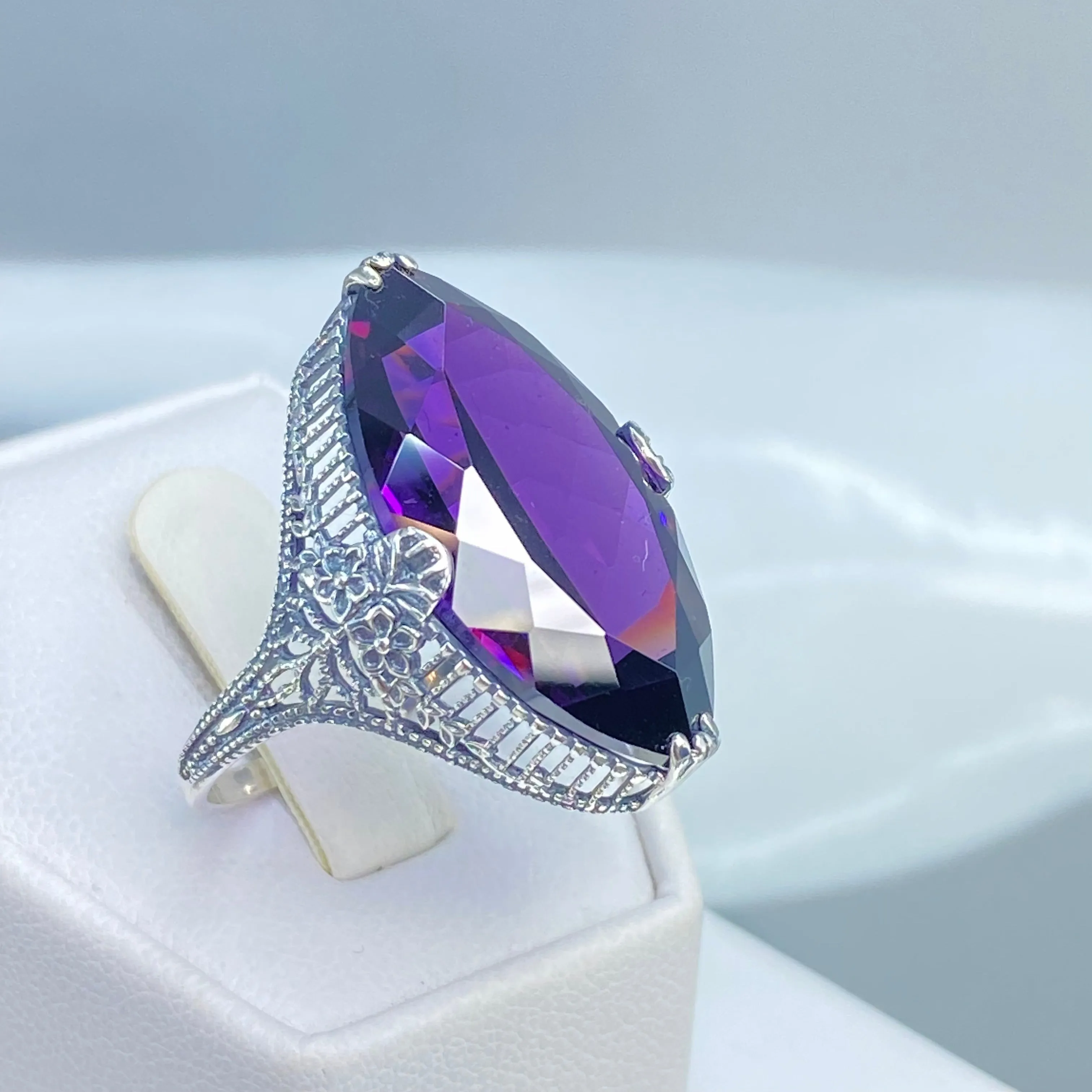 Amethyst Ring, Size 7, CZ Marquise Gem, Victorian Palisade Filigree Jewelry #D39 - Ready to Ship