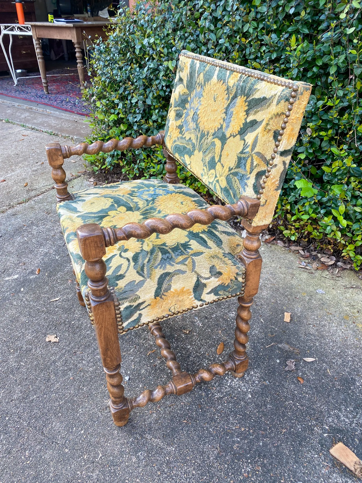 Antique French Barley Twist Armchair with Chintz Upholstery, circa 1900