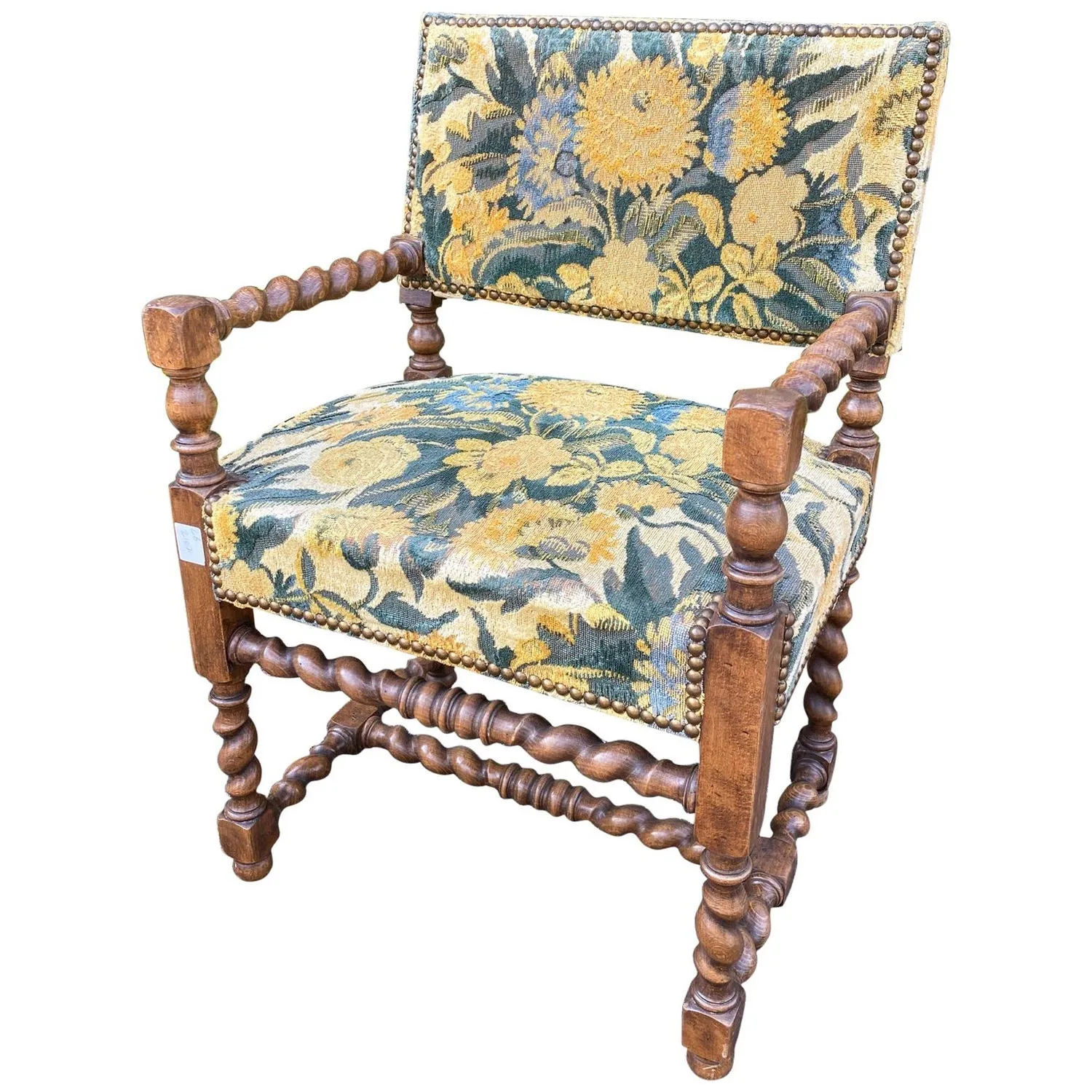 Antique French Barley Twist Armchair with Chintz Upholstery, circa 1900