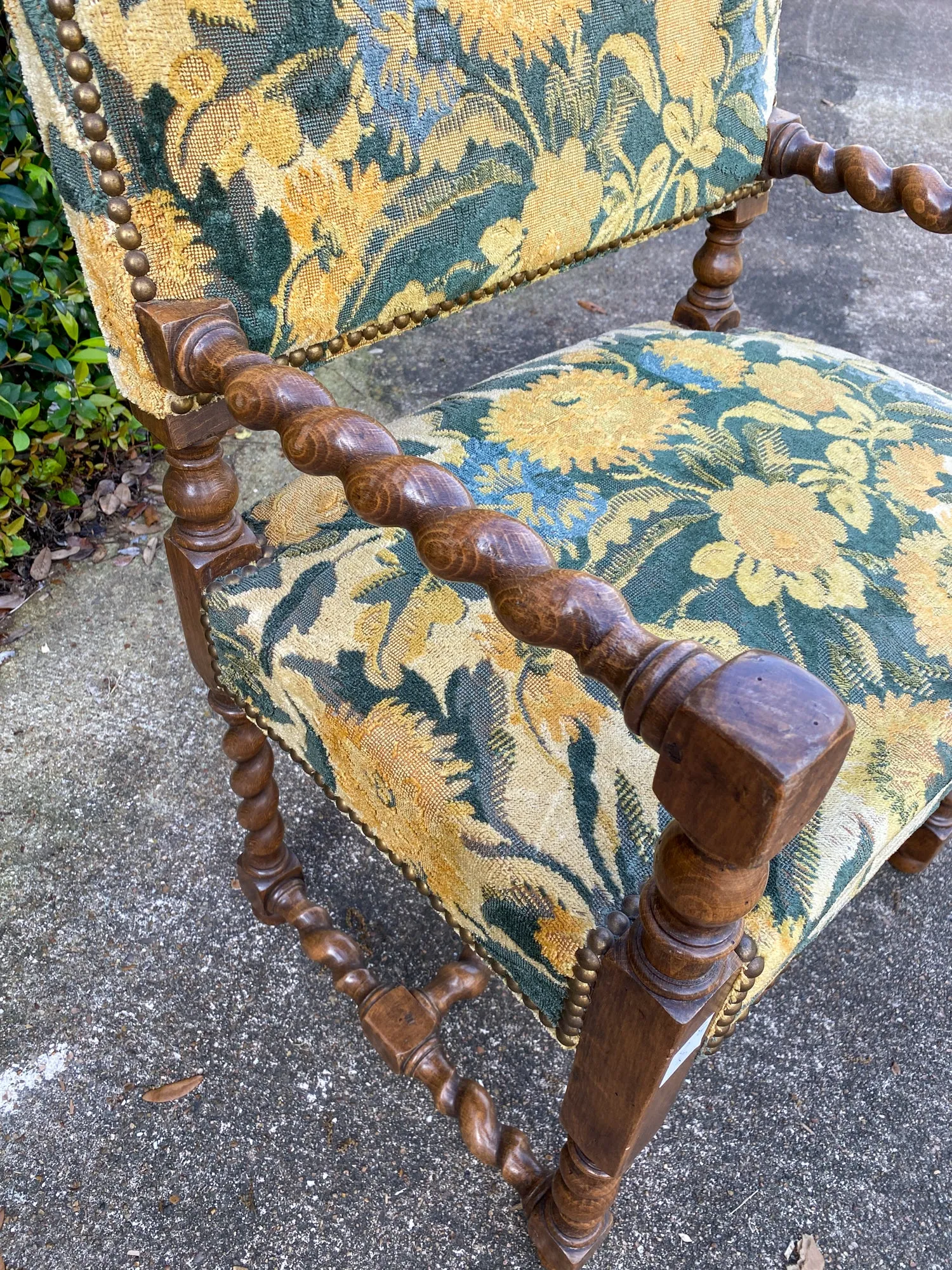 Antique French Barley Twist Armchair with Chintz Upholstery, circa 1900