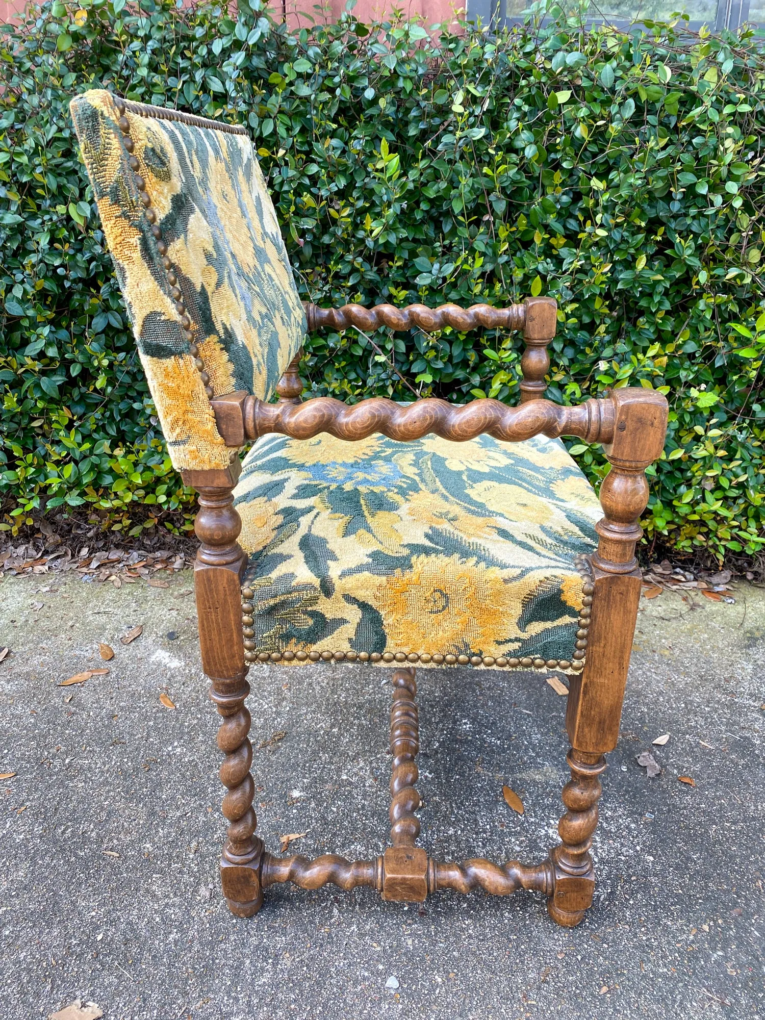 Antique French Barley Twist Armchair with Chintz Upholstery, circa 1900
