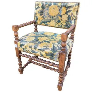 Antique French Barley Twist Armchair with Chintz Upholstery, circa 1900